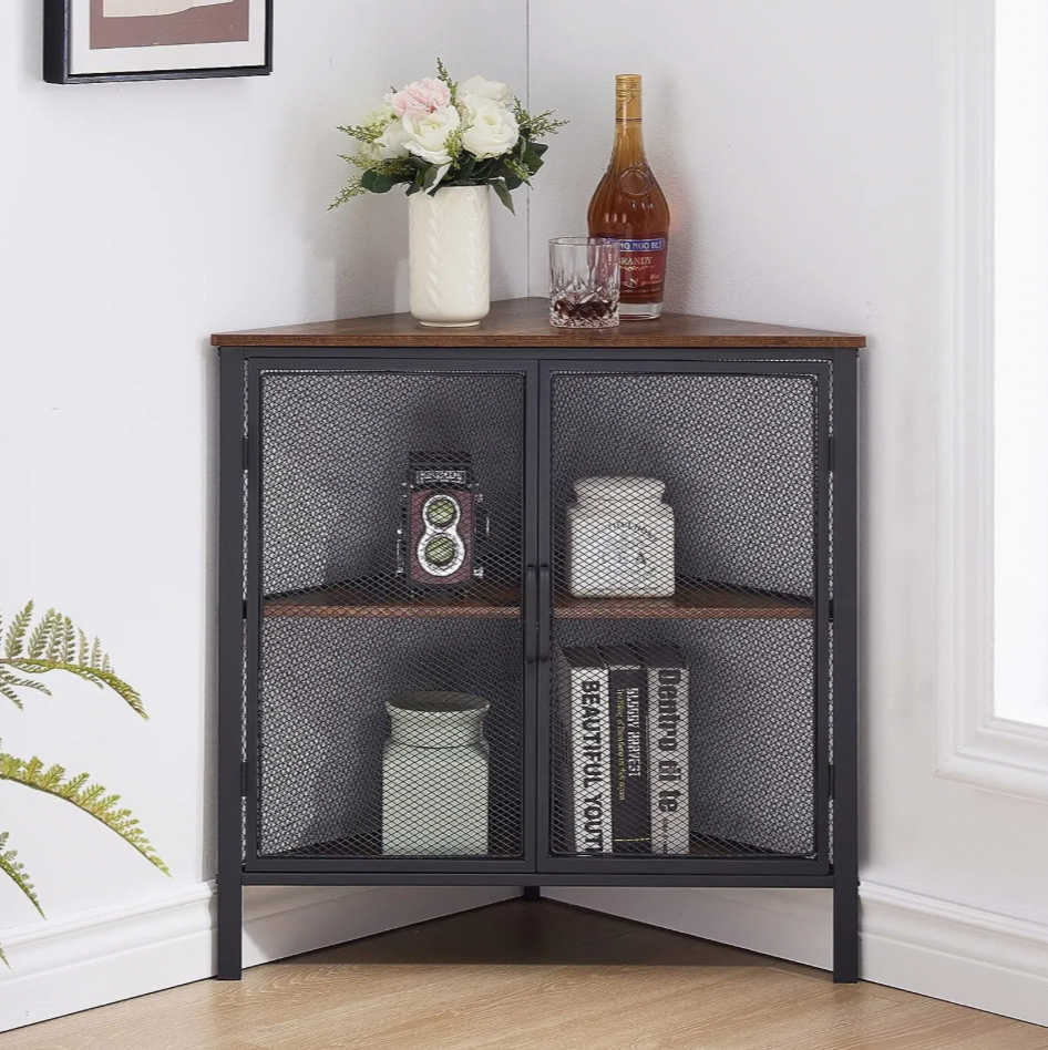 Modern Corner Storage Cabinet with Wooden Shelves